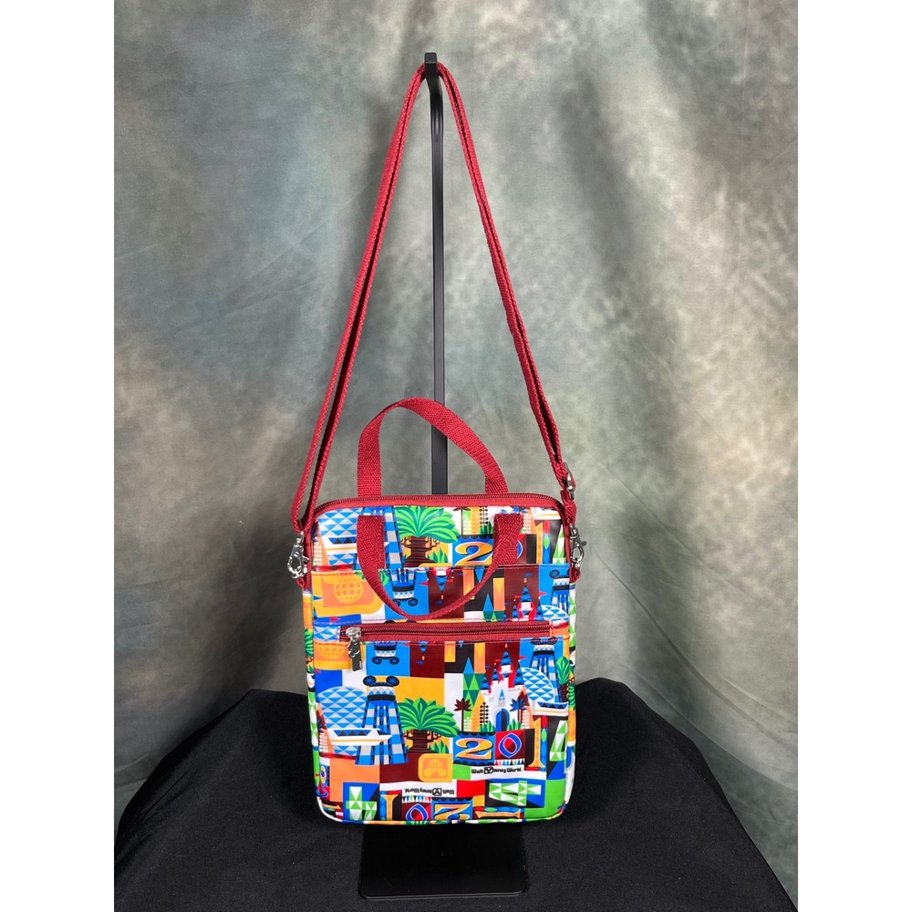 Walt Disney World Parks Multi Color Geometric Icon Crossbody Bag Red Strap